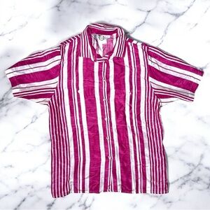 Vintage 80s Pink & White Striped Short Sleeve Button-Up Beachy Retro Blouse